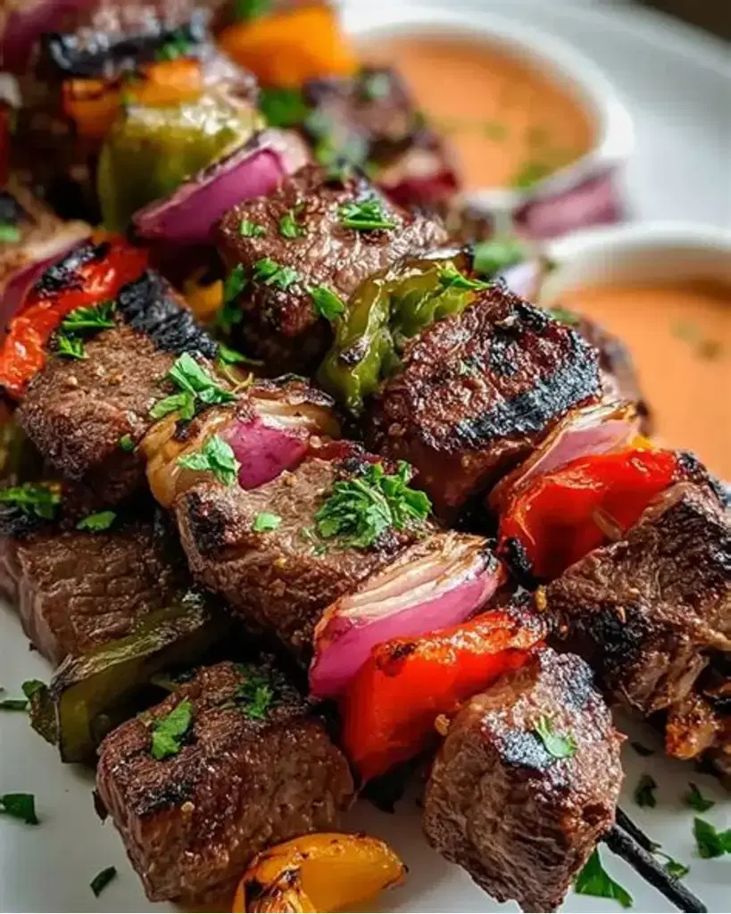 Brochettes de bœuf grillées aux poivrons et aux oignons rouges, parsemées de persil